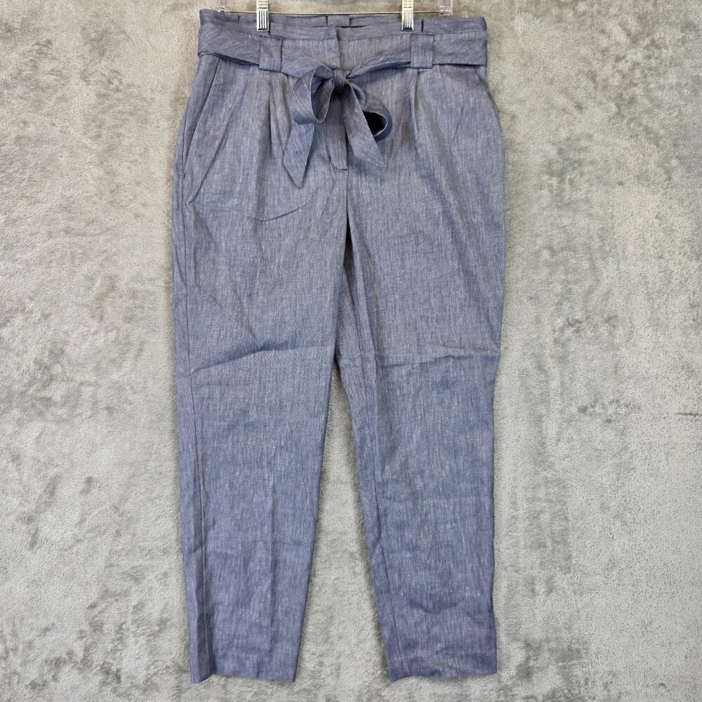 Express Pants Womens Size 12R Blue Ankle High Rise Belted Linen Blend Tapered